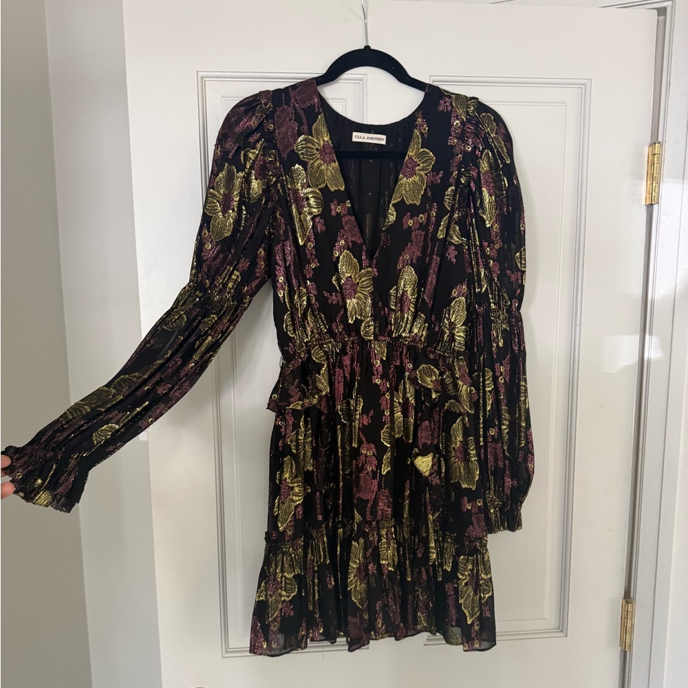 Ulla Johnson Black Metallic Floral Long-Sleeve Tiered Dress